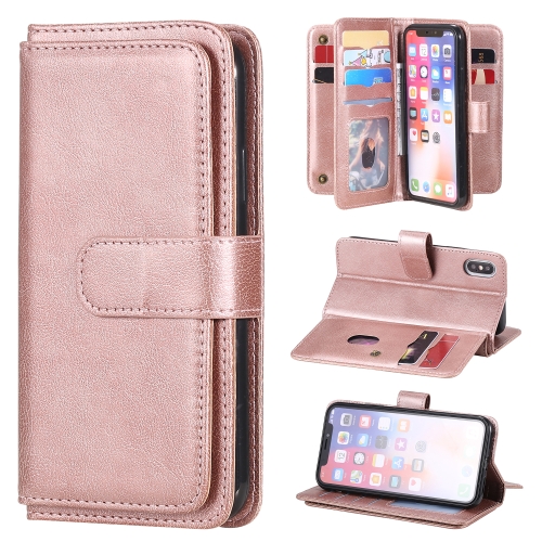 

For iPhone XS / X Multifunctional Magnetic Copper Buckle Horizontal Flip Solid Color Leather Case with 10 Card Slots & Wallet & Holder & Photo Frame(Rose Gold)