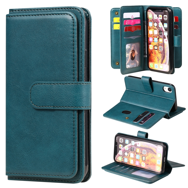 

For iPhone XR Multifunctional Magnetic Copper Buckle Horizontal Flip Solid Color Leather Case with 10 Card Slots & Wallet & Holder & Photo Frame(Dark Green)