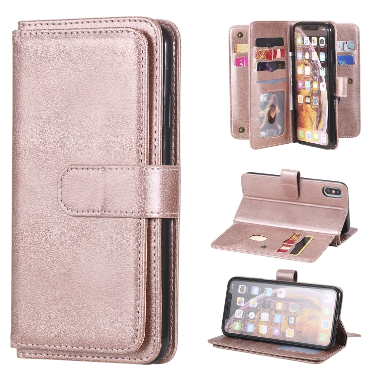 

For iPhone XS Max Multifunctional Magnetic Copper Buckle Horizontal Flip Solid Color Leather Case with 10 Card Slots & Wallet & Holder & Photo Frame(Rose Gold)