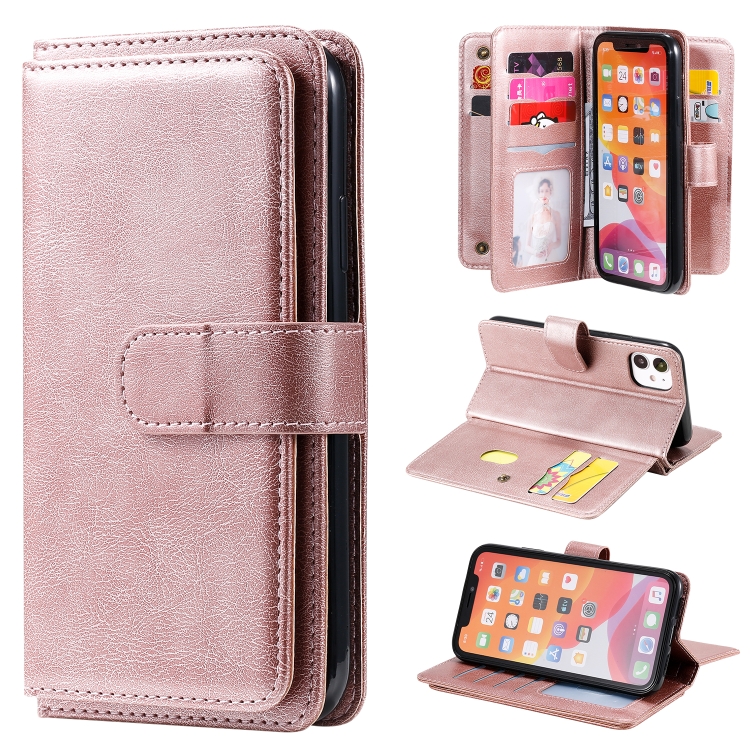 

For iPhone 11 Multifunctional Magnetic Copper Buckle Horizontal Flip Solid Color Leather Case with 10 Card Slots & Wallet & Holder & Photo Frame(Rose Gold)