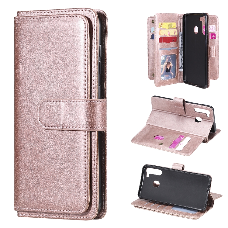 

For Samsung Galaxy A21 Multifunctional Magnetic Copper Buckle Horizontal Flip Solid Color Leather Case with 10 Card Slots & Wallet & Holder & Photo Frame(Rose Gold)