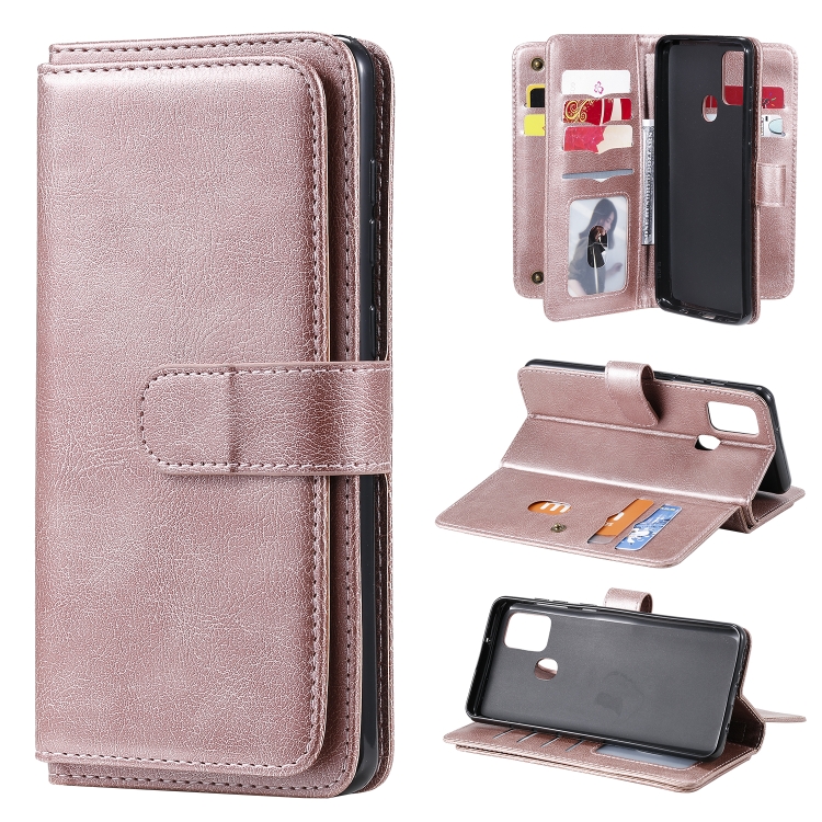 

For Samsung Galaxy A21s Multifunctional Magnetic Copper Buckle Horizontal Flip Solid Color Leather Case with 10 Card Slots & Wallet & Holder & Photo Frame(Rose Gold)