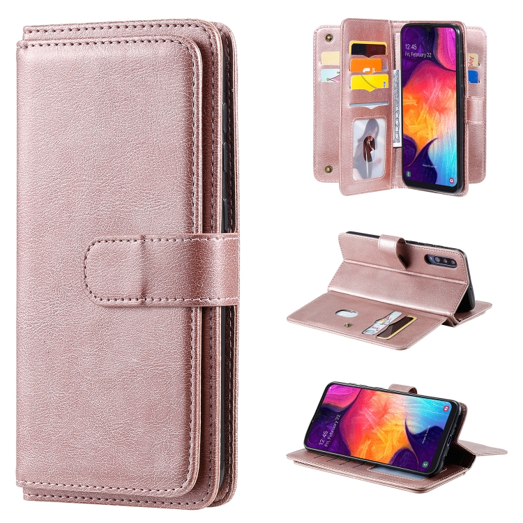 

For Samsung Galaxy A50 Multifunctional Magnetic Copper Buckle Horizontal Flip Solid Color Leather Case with 10 Card Slots & Wallet & Holder & Photo Frame(Rose Gold)