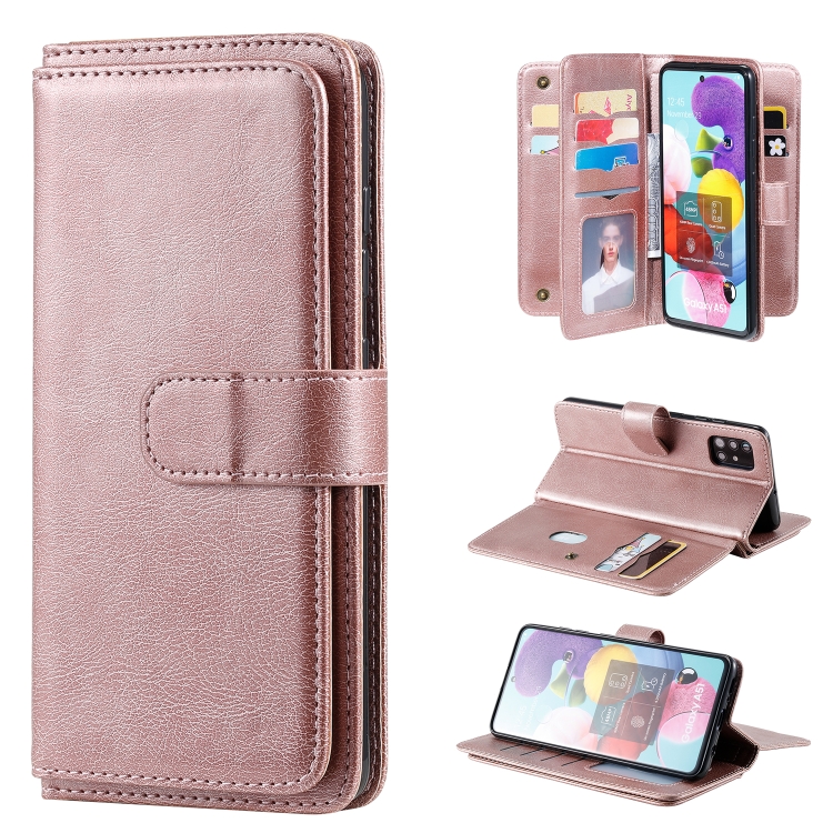 

For Samsung Galaxy A51 (4G) Multifunctional Magnetic Copper Buckle Horizontal Flip Solid Color Leather Case with 10 Card Slots & Wallet & Holder & Photo Frame(Rose Gold)