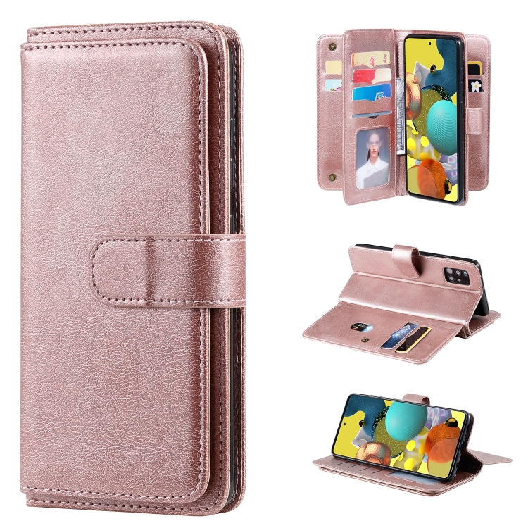 

For Samsung Galaxy A51 (5G) Multifunctional Magnetic Copper Buckle Horizontal Flip Solid Color Leather Case with 10 Card Slots & Wallet & Holder & Photo Frame(Rose Gold)
