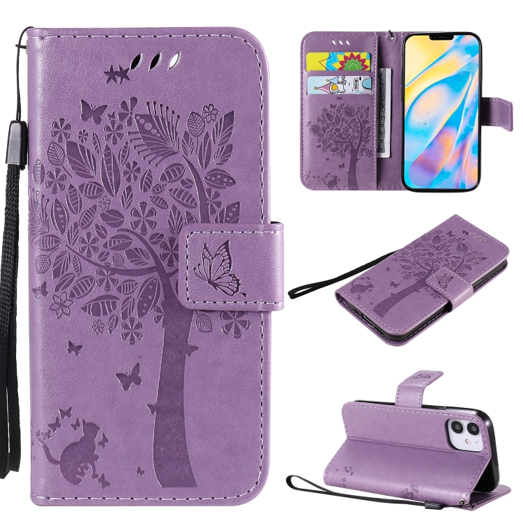 

For iPhone 12 Tree & Cat Embossed Pattern Horizontal Flip Leather Case with Holder & Card Slots & Wallet & Lanyard(Light Purple)