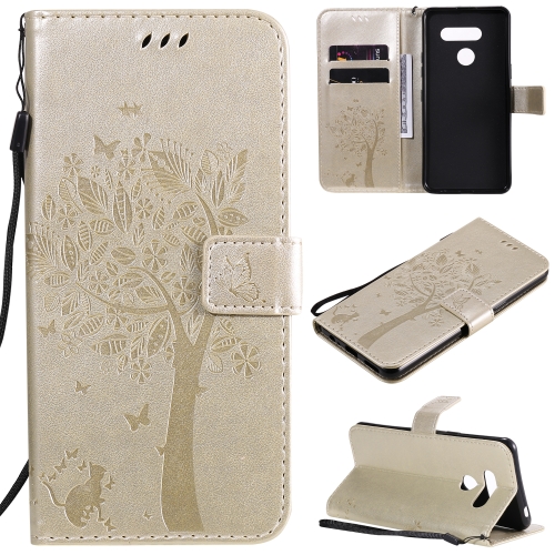 

For LG K41S / K51S Tree & Cat Embossed Pattern Horizontal Flip Leather Case with Holder & Card Slots & Wallet & Lanyard(Gold)