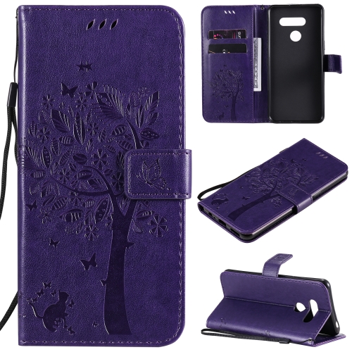 

For LG K50S Tree & Cat Embossed Pattern Horizontal Flip Leather Case with Holder & Card Slots & Wallet & Lanyard(Purple)