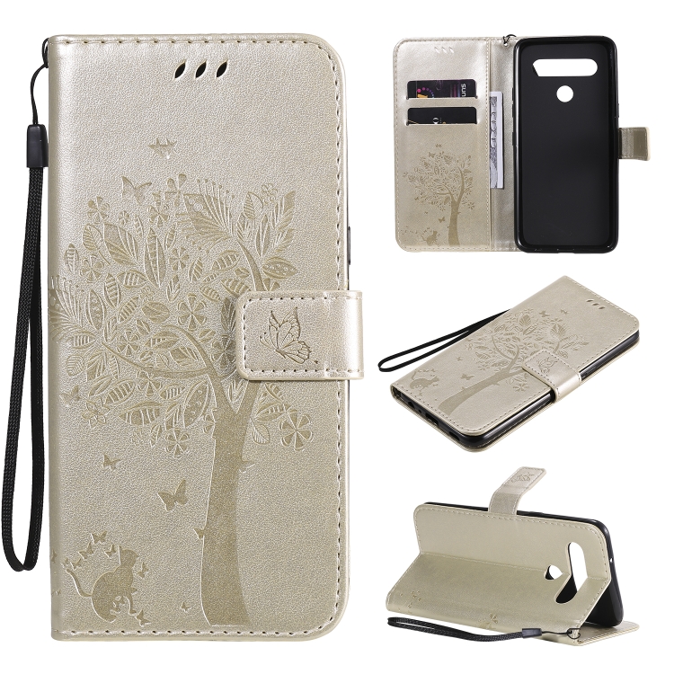 

For LG K61 Tree & Cat Embossed Pattern Horizontal Flip Leather Case with Holder & Card Slots & Wallet & Lanyard(Gold)