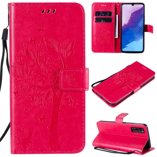 

For Huawei Enjoy Z 5G Tree & Cat Embossed Pattern Horizontal Flip Leather Case with Holder & Card Slots & Wallet & Lanyard(Rose Red)