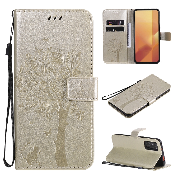 

For Huawei Honor X10 5G Tree & Cat Embossed Pattern Horizontal Flip Leather Case with Holder & Card Slots & Wallet & Lanyard(Gold)