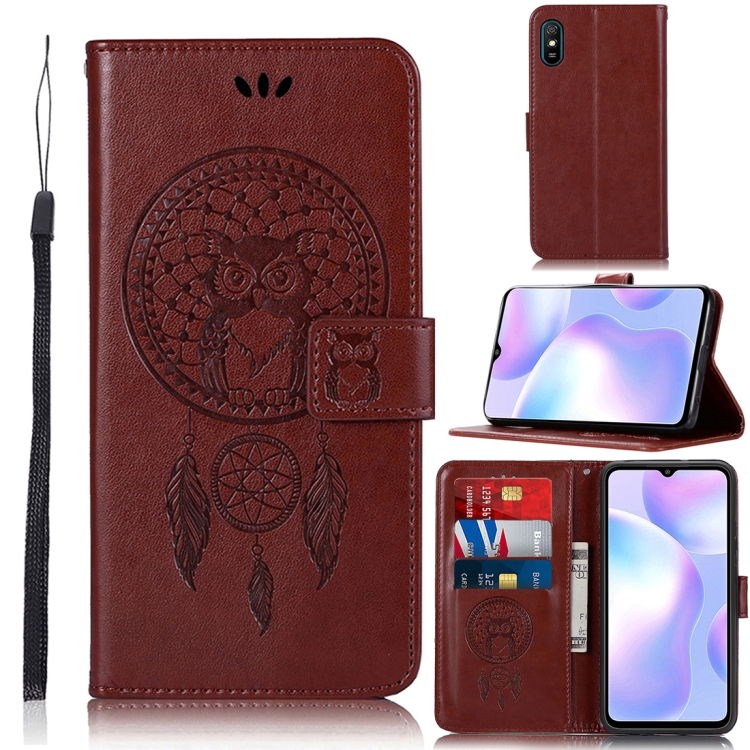 

For Xiaomi Redmi 9A Wind Chime Owl Embossing Pattern Horizontal Flip Leather Case, with Holder & Card Slots & Wallet(Brown)
