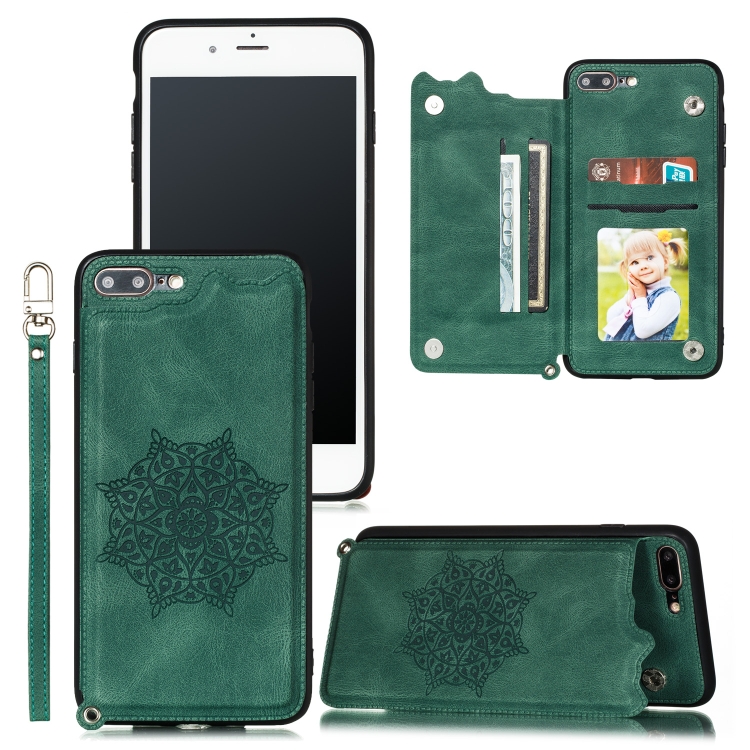 

For iPhone 8 Plus & 7 Plus Mandala Embossed PU + TPU Case with Holder & Card Slots & Photo Frame & Hand Strap(Green)