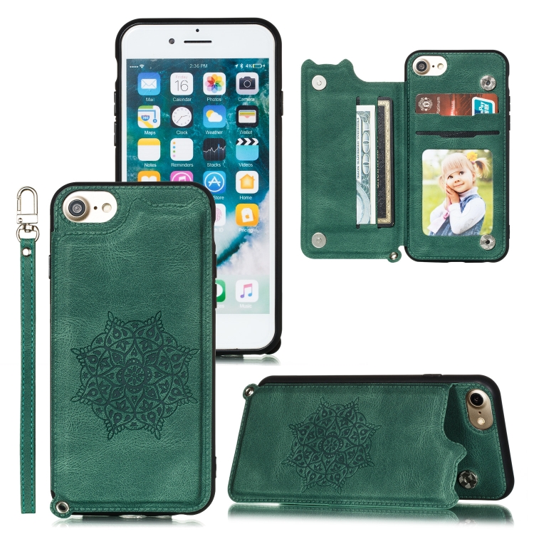 

For iPhone 8 & 7 Mandala Embossed PU + TPU Case with Holder & Card Slots & Photo Frame & Hand Strap(Green)