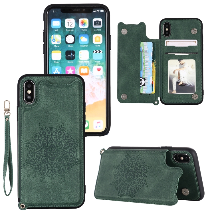 

For iPhone XR Mandala Embossed PU + TPU Case with Holder & Card Slots & Photo Frame & Hand Strap(Green)