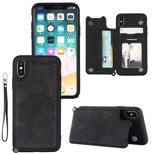 

For iPhone XS Max Mandala Embossed PU + TPU Case with Holder & Card Slots & Photo Frame & Hand Strap(Black)