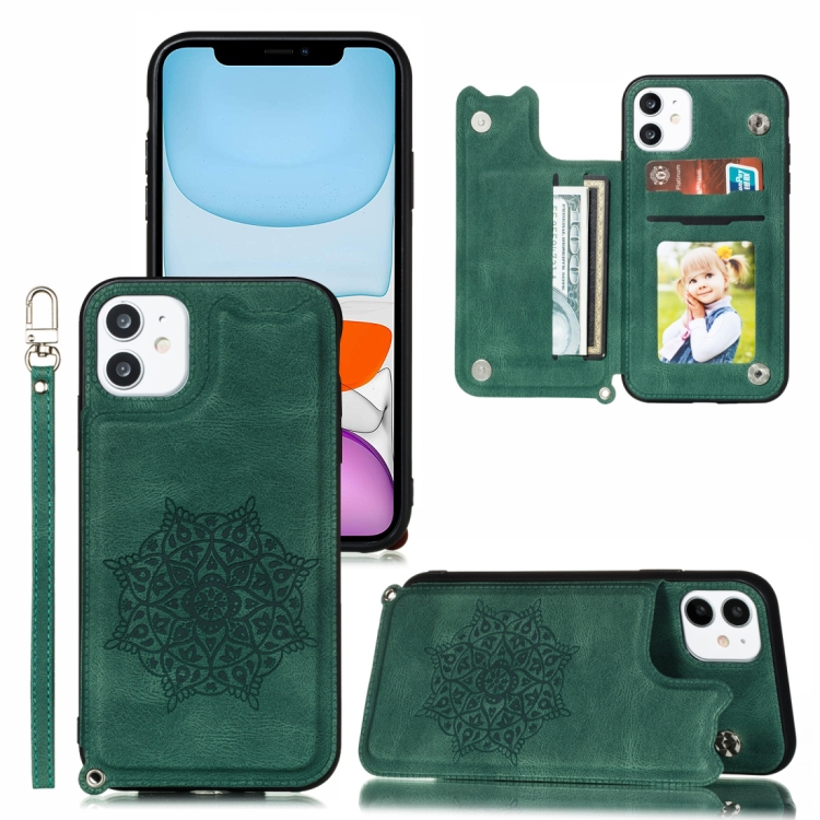 

For iPhone 11 Mandala Embossed PU + TPU Case with Holder & Card Slots & Photo Frame & Hand Strap(Green)
