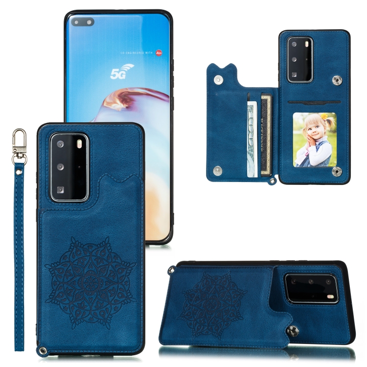 

For Huawei P40 Mandala Embossed PU + TPU Case with Holder & Card Slots & Photo Frame & Strap(Blue)