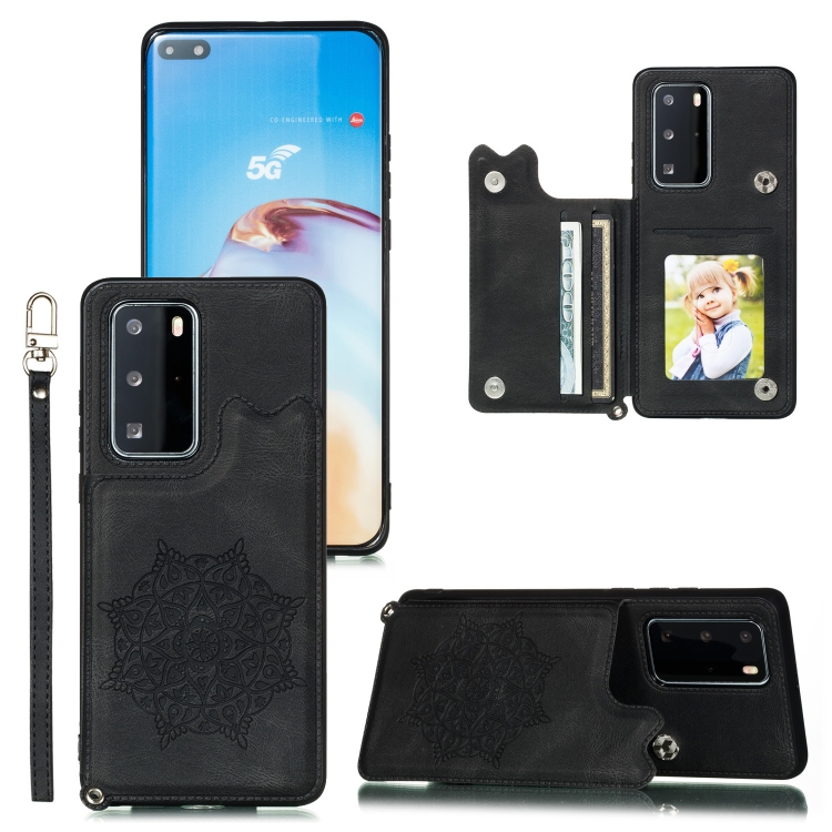 

For Huawei P40 Pro Mandala Embossed PU + TPU Case with Holder & Card Slots & Photo Frame & Strap(Black)