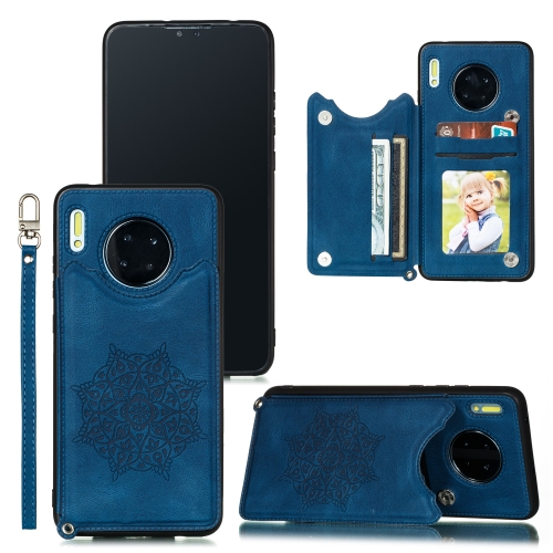 

For Huawei Mate 30 Mandala Embossed PU + TPU Case with Holder & Card Slots & Photo Frame & Strap(Blue)