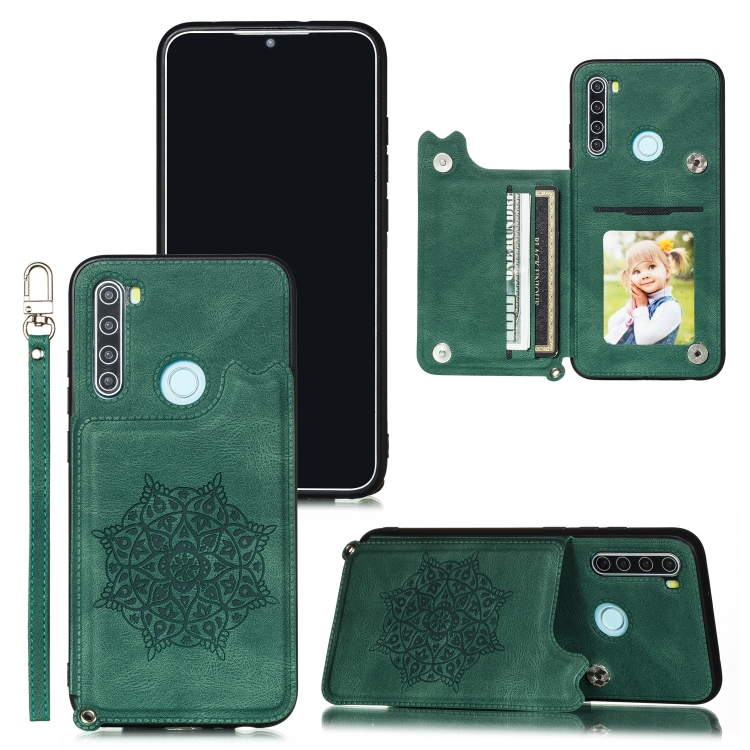 

For Xiaomi Redmi Note 8 Mandala Embossed PU + TPU Case with Holder & Card Slots & Photo Frame & Strap(Green)