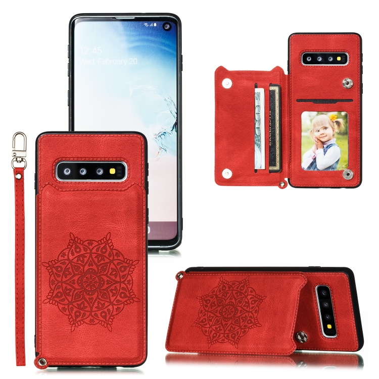 

For Samsung Galaxy S10 Mandala Embossed PU + TPU Case with Holder & Card Slots & Photo Frame & Strap(Red)