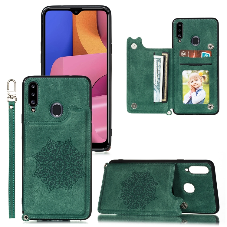 

For Samsung Galaxy A20 / A30 Mandala Embossed PU + TPU Case with Holder & Card Slots & Photo Frame & Strap(Green)