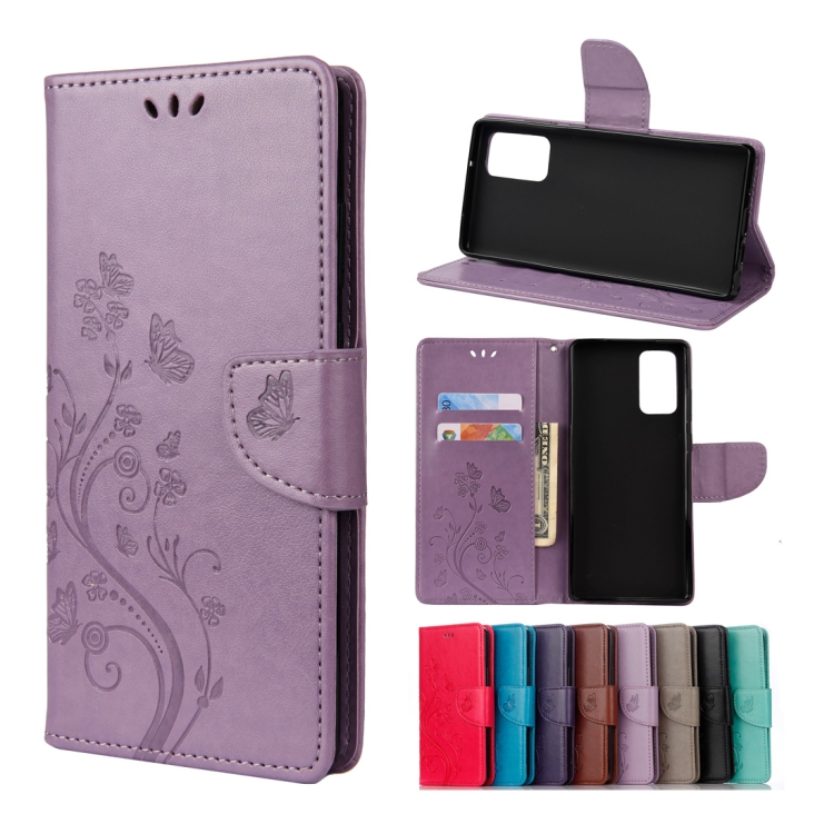 

For Samsung Galaxy Note20 Ultra Butterfly Flower Embossing Horizontal Flip Leather Case with Holder & Card Slots & Wallet(Light Purple)