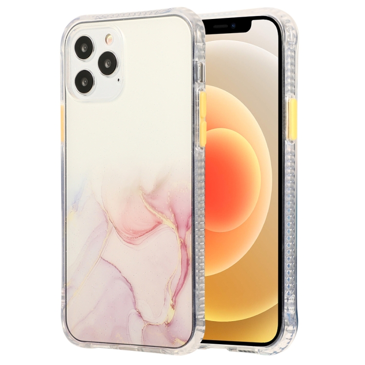 

For iPhone 12 mini Marble Pattern Glittery Powder Shockproof TPU + Acrylic Protective Case with Detachable Buttons(Pink)