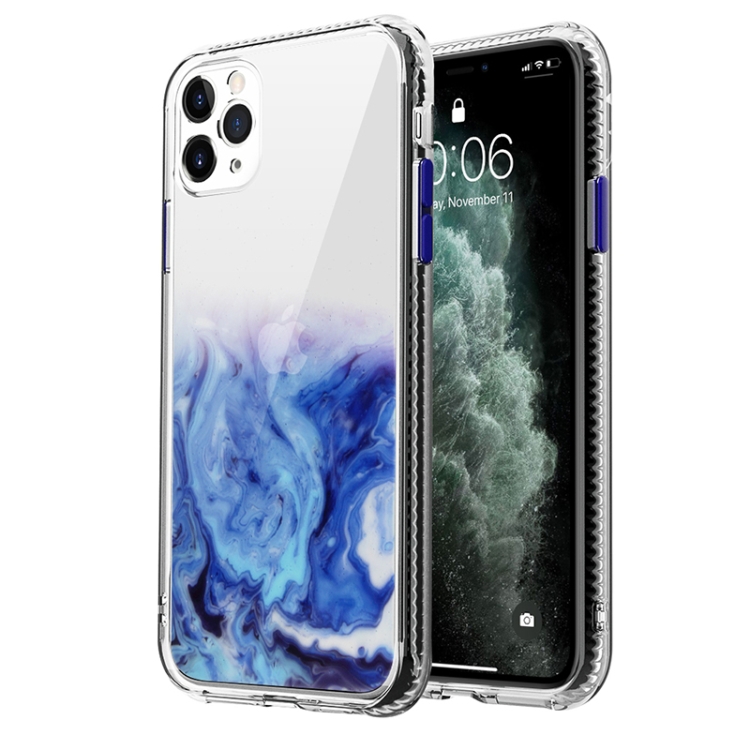 

For iPhone 11 Pro Max Marble Pattern Glittery Powder Shockproof TPU + Acrylic Protective Case with Detachable Buttons(Blue)