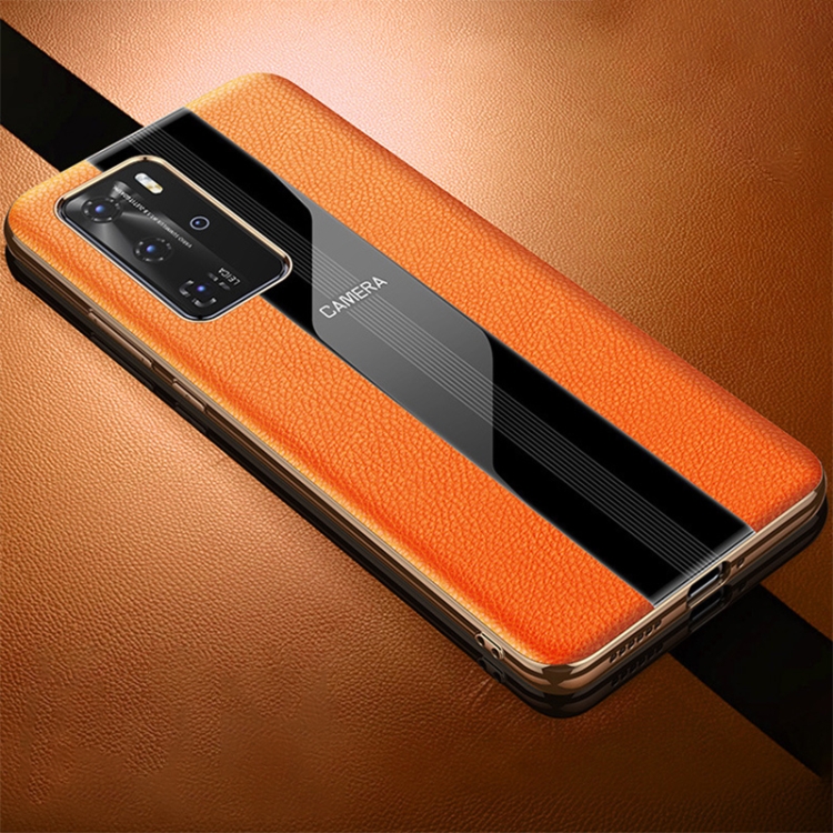 

For Huawei P40 Pro Genuine Leather Electroplated Shckproof Protective Case(Orange)