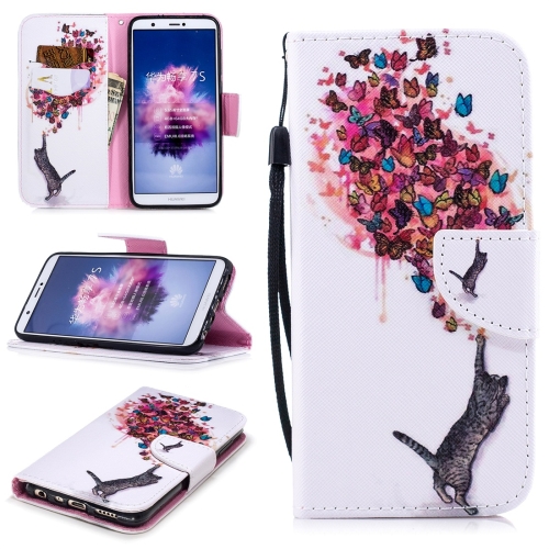 

For Huawei Enjoy 7s Colored Drawing Pattern Horizontal Flip TPU + PU Leather Case with Holder & Card Slots & Wallet & Lanyard(Cat and Butterflies)