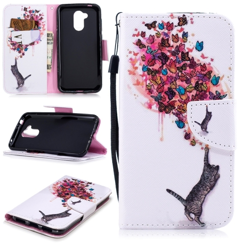 

For Huawei Honor 6A Colored Drawing Pattern Horizontal Flip TPU + PU Leather Case with Holder & Card Slots & Wallet & Lanyard(Cat and Butterflies)