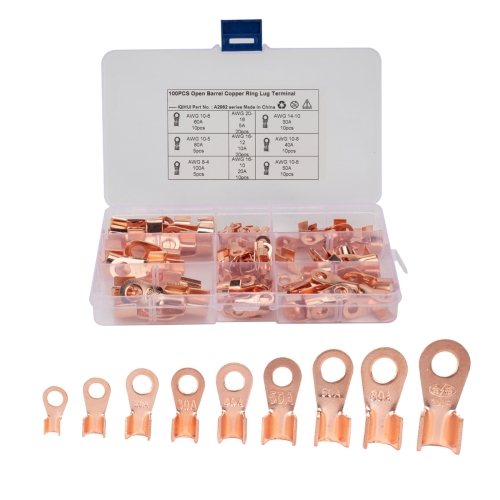 

100 PCS Icstation Open Barrel Pure Copper Ring Lug Wire Crimp Terminals Assortment Kit