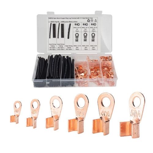 

135 PCS Icstation Open Barrel Pure Copper Ring Lug Wire Crimp Terminals Assortment Kit with Heat Shrink Tube