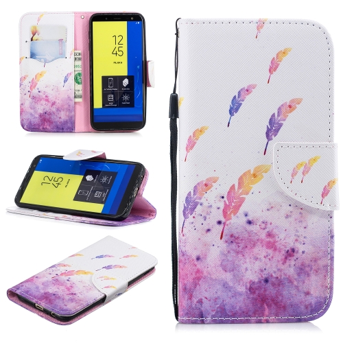 

For Samsung Galaxy J6 (2018) (EU Version) Colored Drawing Pattern Horizontal Flip TPU + PU Leather Case with Holder & Card Slots & Wallet & Lanyard(Watercolor Feathers)