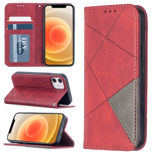 

For iPhone 12 mini Rhombus Texture Horizontal Flip Magnetic Leather Case with Holder & Card Slots(Red)