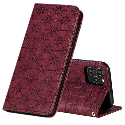 

For iPhone 12 / 12 Pro Lucky Flowers Embossing Pattern Magnetic Horizontal Flip Leather Case with Holder & Card Slots(Wine Red)