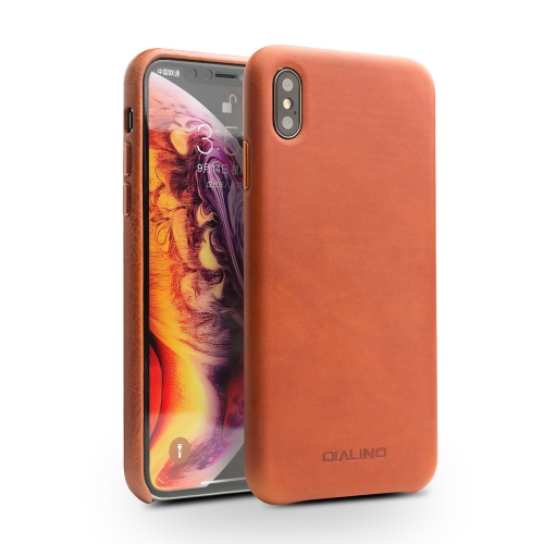 

For iPhone XS Max QIALINO Shockproof Cowhide Leather Protective Case(Coffee)
