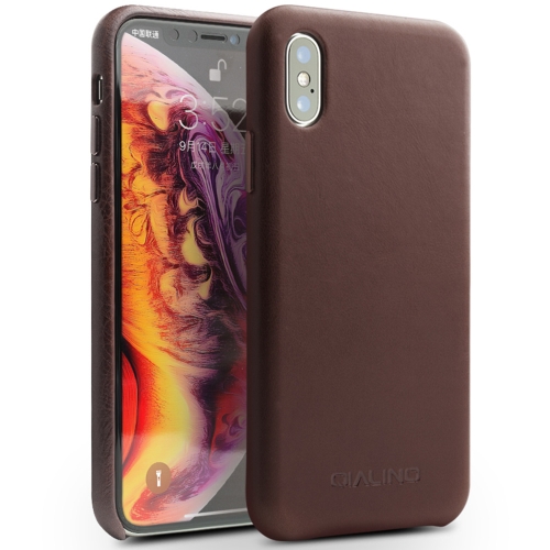 

For iPhone X / XS QIALINO Shockproof Cowhide Leather Protective Case(Dark Brown)