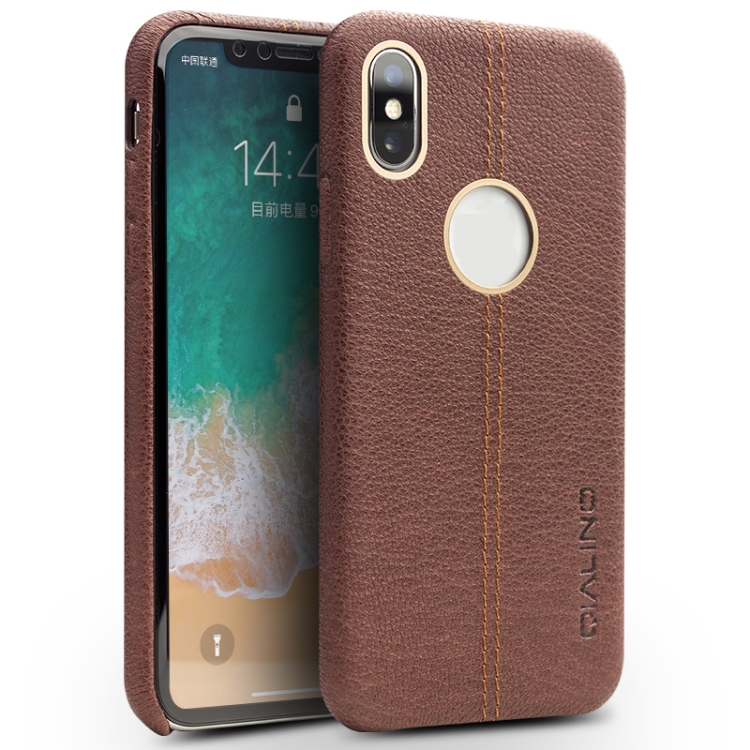 

For iPhone X / XS QIALINO Deerskin Texture Cowhide Leather Protective Case(Brown)