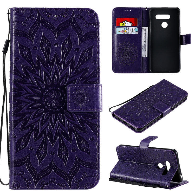 

For LG K50S Pressed Printing Sunflower Pattern Horizontal Flip PU Leather Case Holder & Card Slots & Wallet & Lanyard(Purple)
