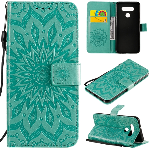 

For LG K51 Pressed Printing Sunflower Pattern Horizontal Flip PU Leather Case Holder & Card Slots & Wallet & Lanyard(Green)