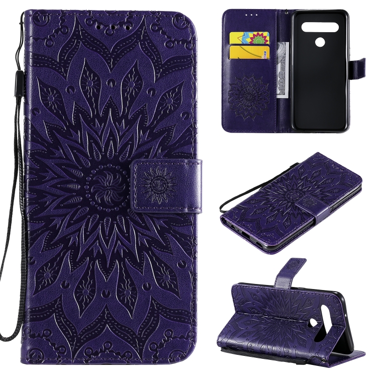 

For LG K61 Pressed Printing Sunflower Pattern Horizontal Flip PU Leather Case Holder & Card Slots & Wallet & Lanyard(Purple)