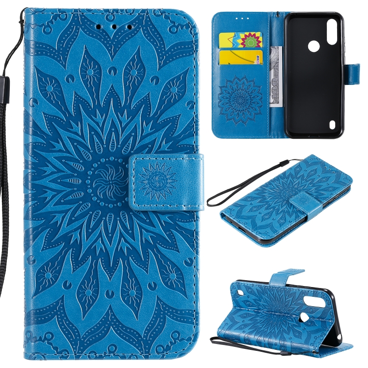 

For Motorola Moto E6s (2020) Pressed Printing Sunflower Pattern Horizontal Flip PU Leather Case Holder & Card Slots & Wallet & Lanyard(Blue)