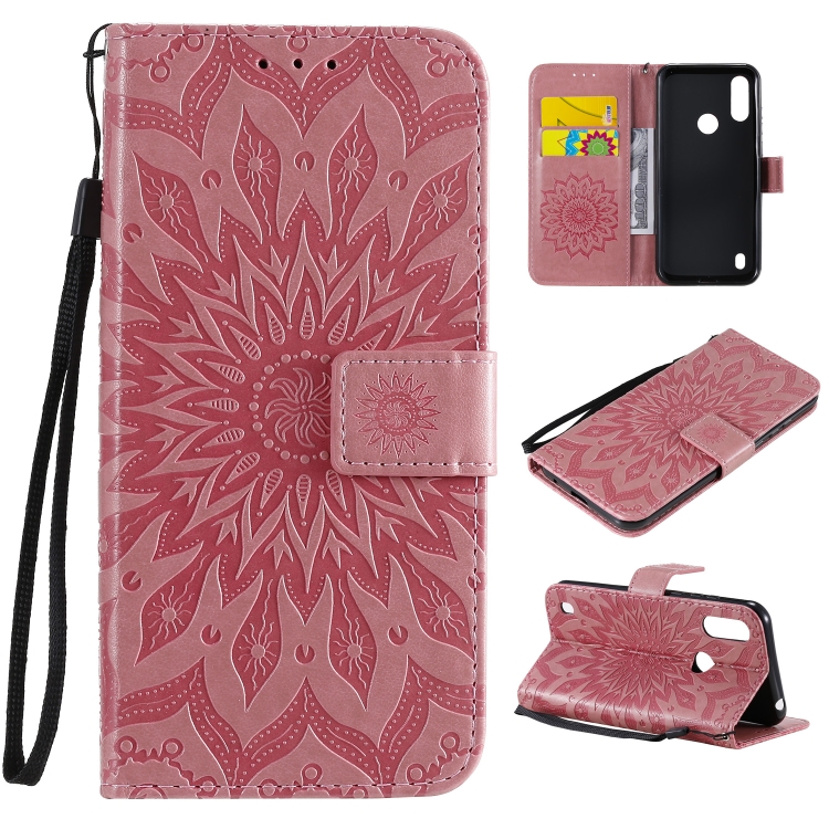 

For Motorola Moto E6s (2020) Pressed Printing Sunflower Pattern Horizontal Flip PU Leather Case Holder & Card Slots & Wallet & Lanyard(Pink)