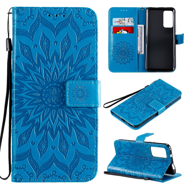 

For Huawei Honor X10 Pressed Printing Sunflower Pattern Horizontal Flip PU Leather Case Holder & Card Slots & Wallet & Lanyard(Blue)