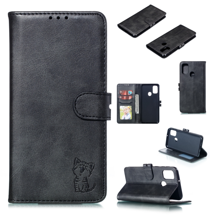 

For Samsung Galaxy A21s Embossed Happy Cat Pattern Horizontal Flip Leather Case with Holder & Card Slots & Wallet & Photo Frame(Black)