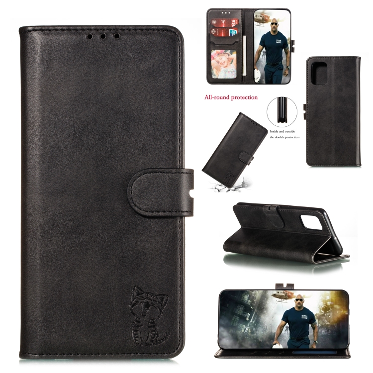 

For Samsung Galaxy Note20 Embossed Happy Cat Pattern Horizontal Flip Leather Case with Holder & Card Slots & Wallet & Photo Frame(Black)