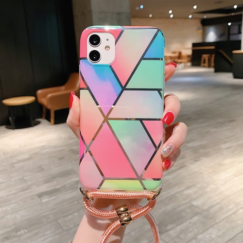 

For iPhone 11 Pro Plating Marble Pattern Soft TPU Protective Case with Shoulder Strap(Color Lattice)